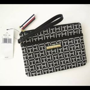 Tommy Hilfiger Wristlet Pouch 6" Black Signature TH Jacquard Fabric NEW